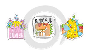 Cute Dinosaur and Unicorn Patches and Stickers Vector Set