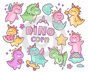 Cute dinosaur unicorns childish characters in different poses doing various things isolated set