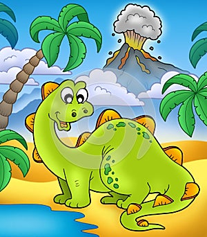 Cute dinosaur with volcano