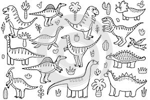 Cute dinosaurs black and white collection for kids. Set with funny dinos in outline