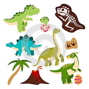 Cute dinosaurs. Cartoon dino, baby dragon in egg, prehistoric monster skeleton, palm tree and vulcan. Funny jurassic