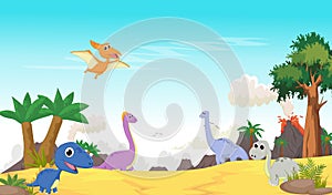 Cute dinosaurs cartoon with prehistoric landscape