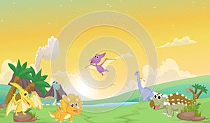 Cute dinosaurs cartoon with prehistoric landscape