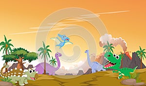 Cute dinosaurs cartoon with prehistoric landscape