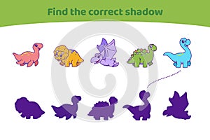Cute dinosaurs. Find the correct shadow. Find the right path to silhouette. Educational game for children. Cartoon vector illustra
