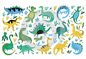 Cute dinosaurs hand drawn vector color characters set