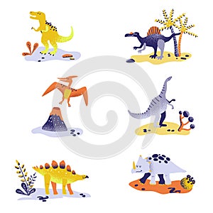 Cute Dinosaurs isolated on white background. Dinosaur footprint, Volcano, Palm tree, Stones. Baby Dino Collection