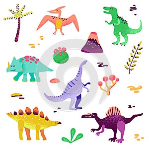 Cute Dinosaurs isolated on white background. Dinosaur footprint, Volcano, Palm tree, Stones. Baby Dino Collection