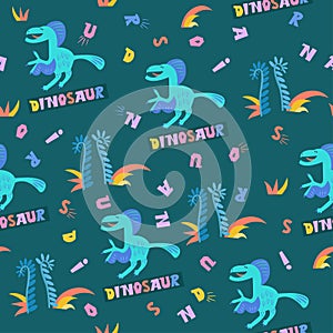 Cute dinosaurs in Jurassic forest. Seamless pattern. Alphabet hand drawn font on fabric. Scandinavian cartoon characters