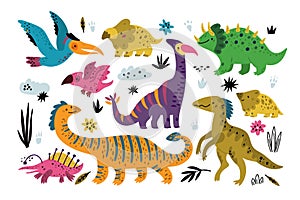 Cute dinosaurs. Kids style dinos funny prehistoric animals characters, predators and herbivores, birds and reptiles