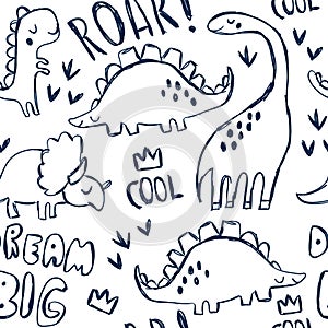 Cute dinosaurs and lettering seamless pattern