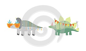 Cute Dinosaurs in Party Hats Celebrating Holidays Set, Adorable Funny Dino Characters wirh Party Flags Cartoon Vector