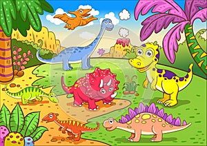 Cute dinosaurs in prehistoric scene photo