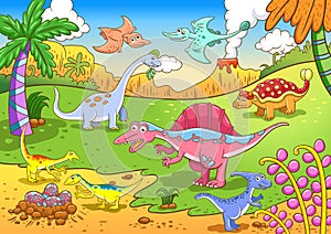 Cute dinosaurs in prehistoric scene