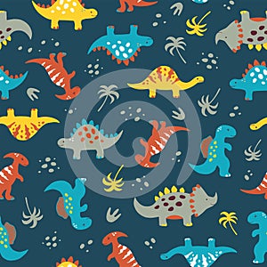 Cute dinosaurs seamless pattern. Colorful vector illustration for childish design, clothes, toys. Multidirectional