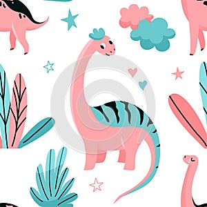 Cute dinosaurs seamless vector pattern with star, floral, flower, leaves, cloud. Cool kid nursery print design in