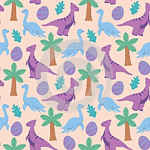 Cute dinosaurs and tropic plants. Funny cartoon dino seamless pattern. Hand drawn vector doodle design for girls, kids. Hand drawn