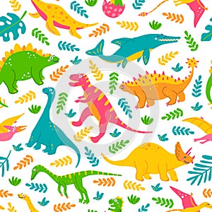 Cute dinosaurs and tropical plants, childrens colorful print on fabric, postcards. Vector seamless pattern on white