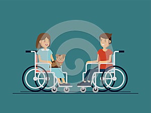 Cute disabled boy and girl kid sitting in a wheelchair and keep the puppy on one`s knees. Handicapped person.