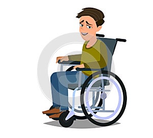Cute disabled boy kid sitting in a wheelchair. Handicapped person. Colorful flat style cartoon vector illustration