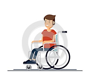 Cute disabled boy kid sitting in a wheelchair. Handicapped person. Flat style cartoon vector illustration.