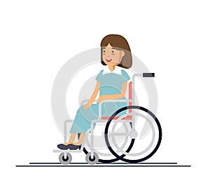 Cute disabled girl kid sitting in a wheelchair. Handicapped person. Flat style cartoon vector illustration.