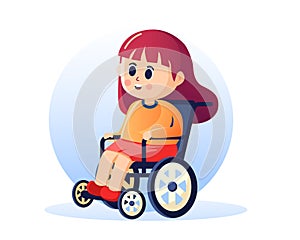 A cute disabled girl sits in a wheelchair, Flat design