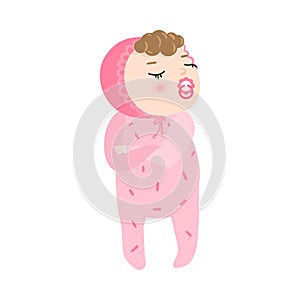 Cute displeased baby with kinky hair standing in pink pajama. Vector illustration in flat cartoon style.