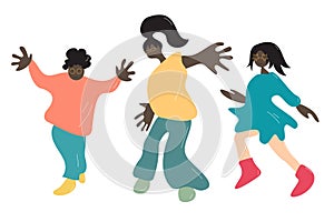 Cute disproportionate flat and simple illustration of teenagers cartoon characters dancing and moving together in different outfit