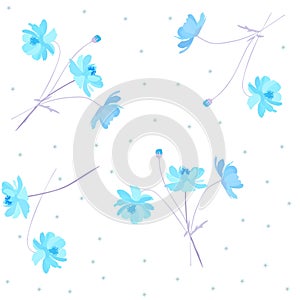 Cute ditsy floral pattern with sunny blue abstract cosmos and forget me not flowers, isolated on white background