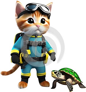 Cute Diver kitten character design. Ai-Generated.