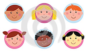 Cute diversity kids icons or buttons - pink / blue