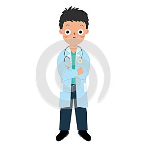 Cute doctor kid in cartoon style. Funny boy in medical uniform