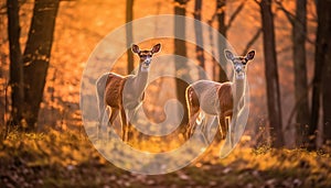 Cute doe standing in meadow, looking at camera, peaceful sunset generated by AI