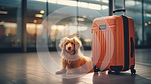 Cute dog at the airport guarding big orange suitcase, anticipating the return of hist master. Adorable pet. Generative AI photo