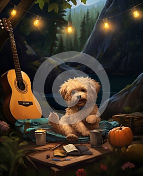 Cute dog animal music happy outdoors young portrait puppy guitar pet breed
