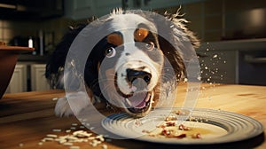 A cute dog that ate food from the table. Generative AI