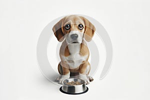 a cute dog with big sad eyes sits by a bowl waiting for food isolated on solid white background. ai generative