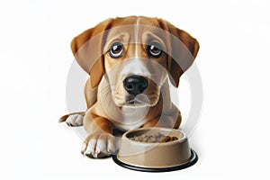 a cute dog with big sad eyes sits by a bowl waiting for food isolated on solid white background. ai generative