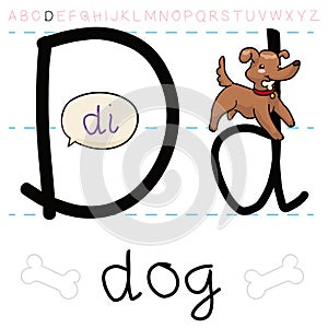 Cute Dog with Bone Showing the Letter `D`, Vector Illustration