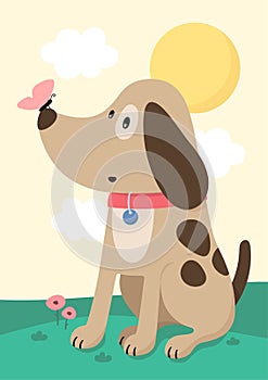 Cute dog with butterfly on muzzle. Childish print for nursery, poster, postcard. Vector.