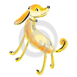 Cute dog cartoon character in standing pose. Lovely pet looking somewhere. Yellow doggy with orange skin, grey, black spots