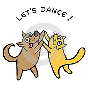 Cute dog and cat dancers. Vector illustration