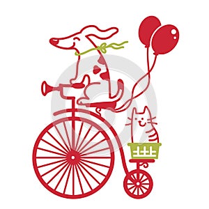 Cute dog and cat drive vintage bicycle. Vector color cartoons  illustration of old-style bike silhouette with dog, flowers and