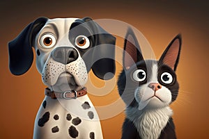 Cute dog and cat with funny face, illustration generated by AI