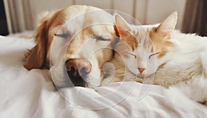 Cute dog and cat sleeping together on bed. Friendship between pet