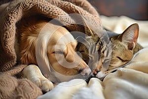 Cute dog and cat sleeping together in bed under blanket. Friendship of cute pets concept