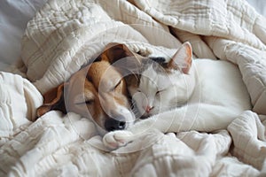 Cute dog and cat sleeping together in bed under blanket. Friendship of cute pets concept