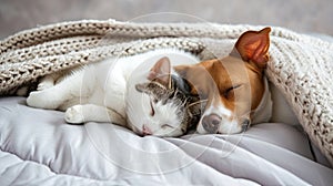 Cute dog and cat sleeping together in bed under blanket. Friendship of cute pets concept