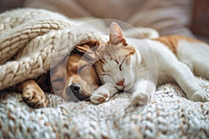 Cute dog and cat sleeping together in bed under blanket. Friendship of cute pets concept